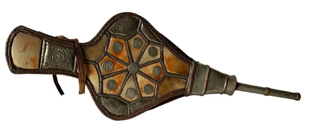 Vtg Moroccan Bellows Wood Leather Metal Overlay Fireplace Blower COTTAGE FOLK CO